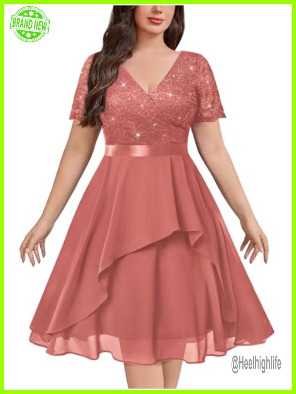 Plus Size Sequin Lace Midi Cocktail Dress Ruffle Sleeve Wedding Guest